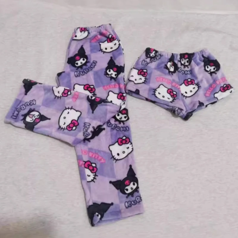 

Sanrio Kuromi Flannel Pajama Pants Anime Fleece Double Elastic Fabric Soft Trousers Women Shorts Trousers Kawaii Birthday Gift