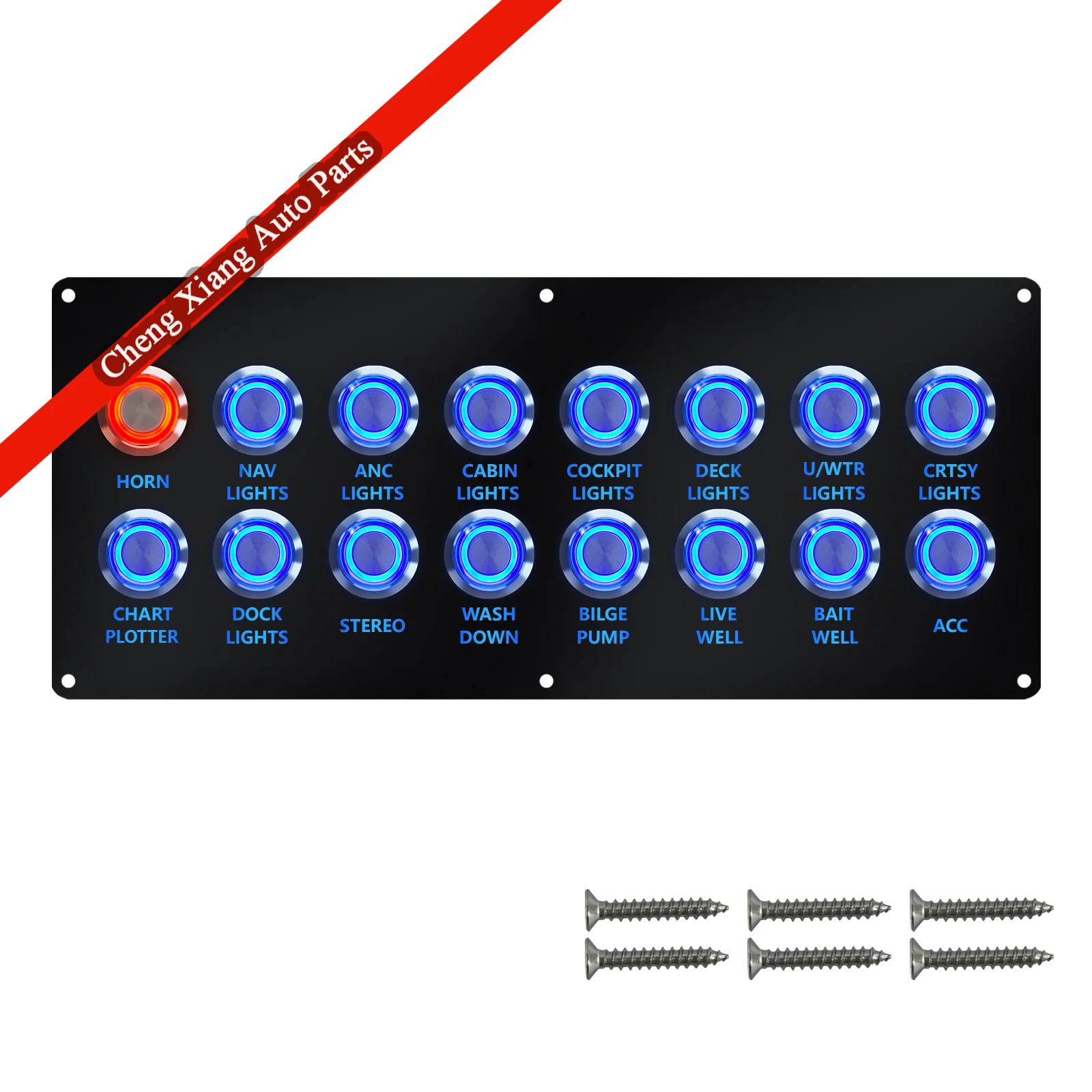 16-Gang Waterproof Marine Switch Panel Acrylic Boat Console Dash 12V Blue LED ON-OFF Switch Red Light Momentary Horn Button
