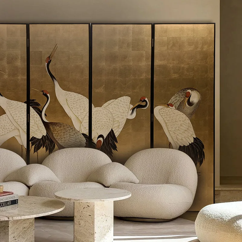 crane hand-painted gold foil screen lacquer painting living room partition  room background home folding screen retro and old