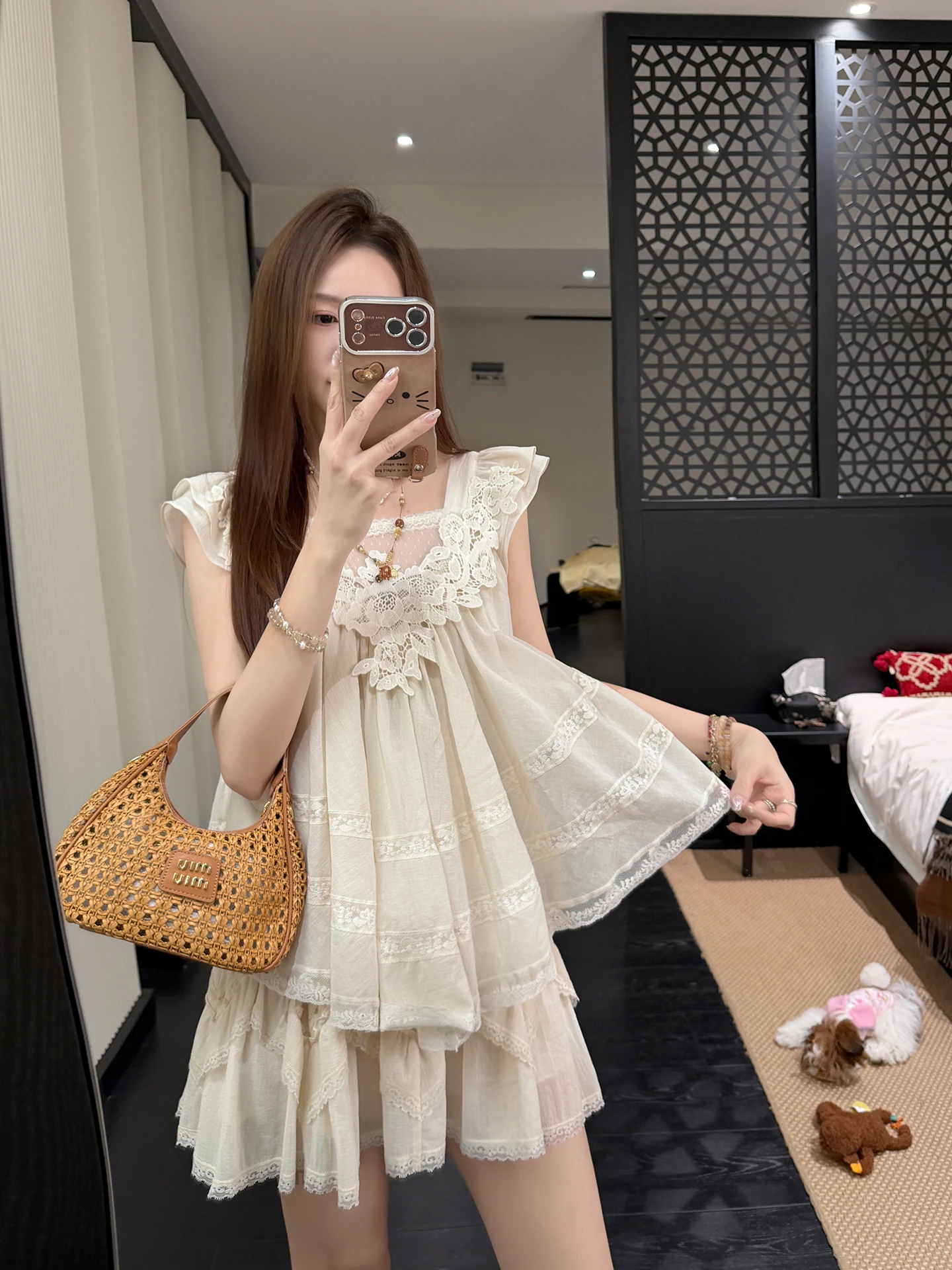 

Zhang Sheshi 47” White Mist Ripple” Lace Cotton Midi Skirt Set for Girls Summer Fashion Casual Commute Style Short Sleeve V-Neck