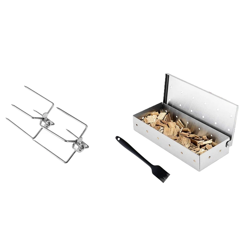 

2Pcs BBQ Rotisserie Meat Forks With Large Smoker Box For BBQ Charcoal & Gas Grill Box