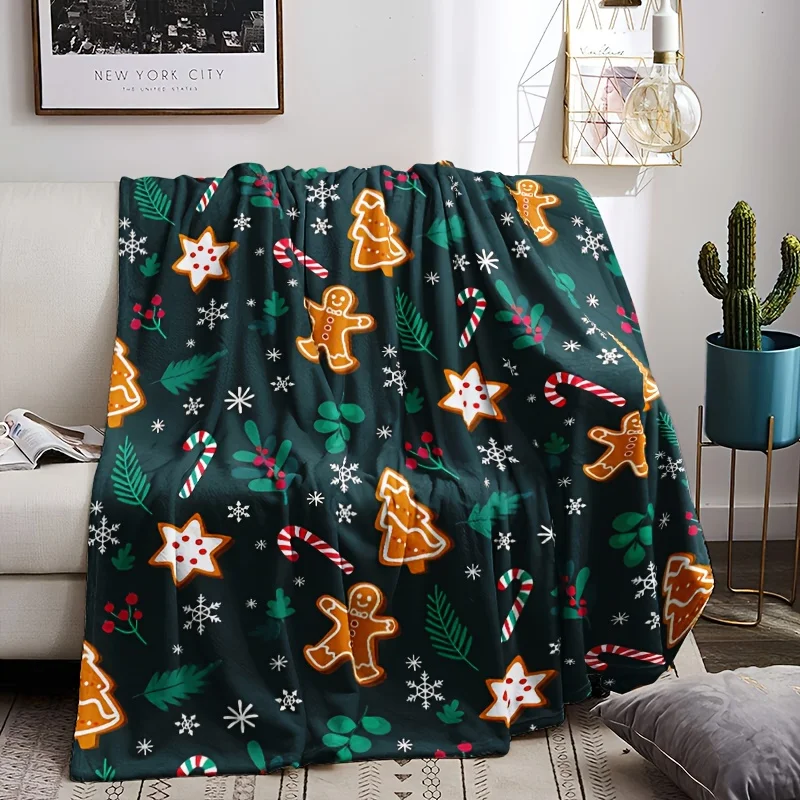 1pc Kerst Peperkoek Heren Flanellen Deken - Groene Vakantie Gooi met Sneeuwvlokken & Snoepstokken, Zacht Gezellig All-Season Indoor/O