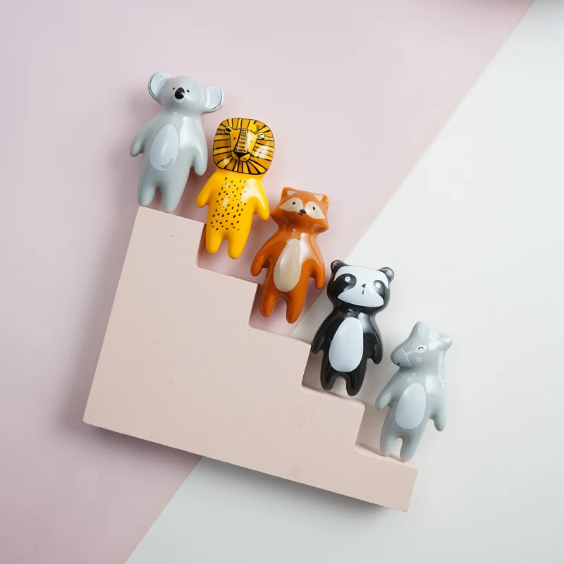 Cute Animal Ceramic Cabinet Knobs, Nordic Drawer Pulls, Lightweight Round Handles with Screws (Lion, Fox, Koala, Panda