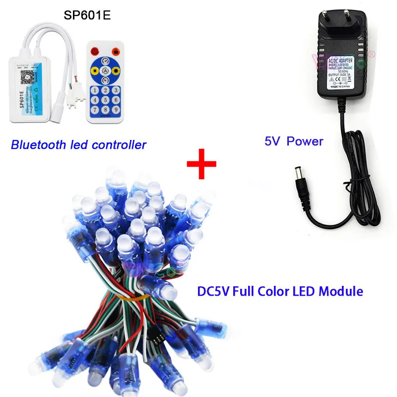 50Pcs DC 5V WS2811 IC RGB Pixel LED Module Light IP67 Full Color;SP601E Bluetooth controller,5V LED Power Supply Charger Adapter