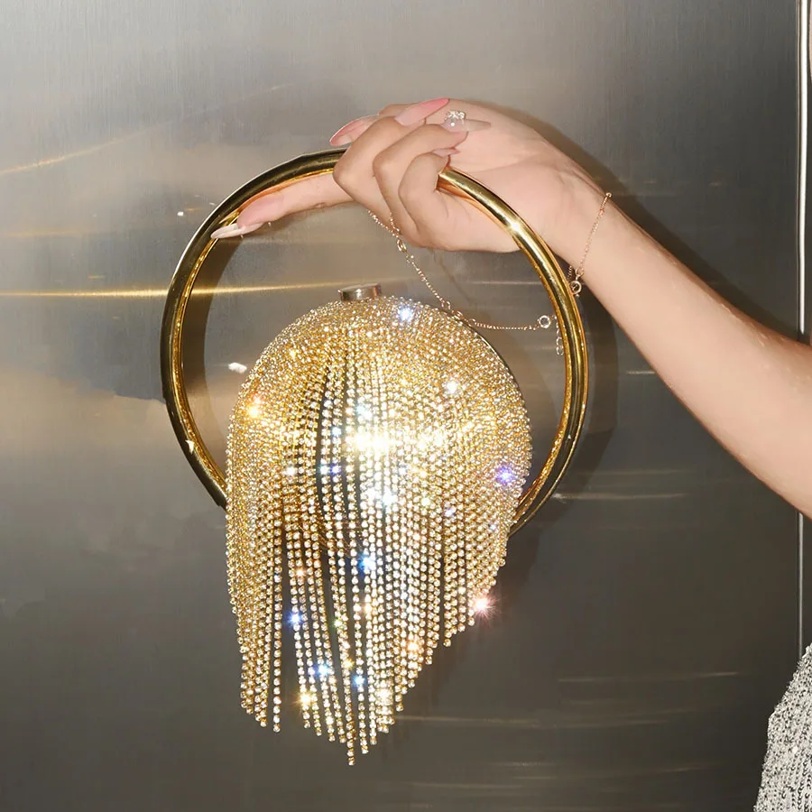 Diamond Evening Bag Rhinestone Bag Round Ball Handbag Party Gala For Women Fashion Tassels Clutch Bag Ladies Ring Clutches