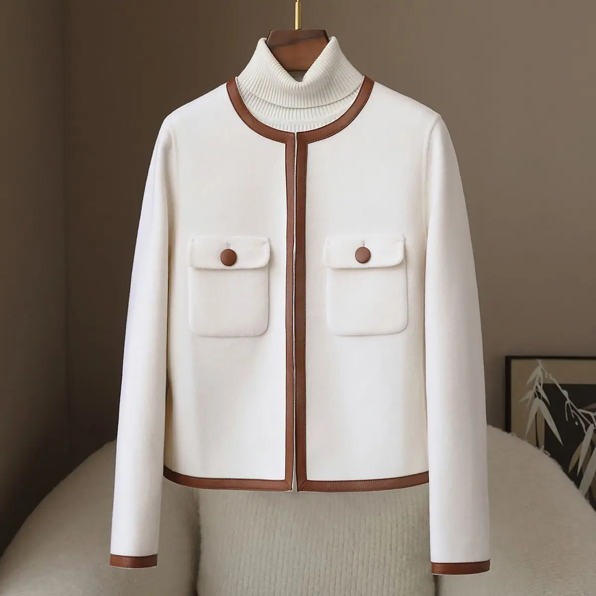 ربيع جديد 30 الكشمير معطف الصوف على الوجهين 2025 نمط عطرة صغيرة جولة الرقبة سترة صوفية للنساء #3