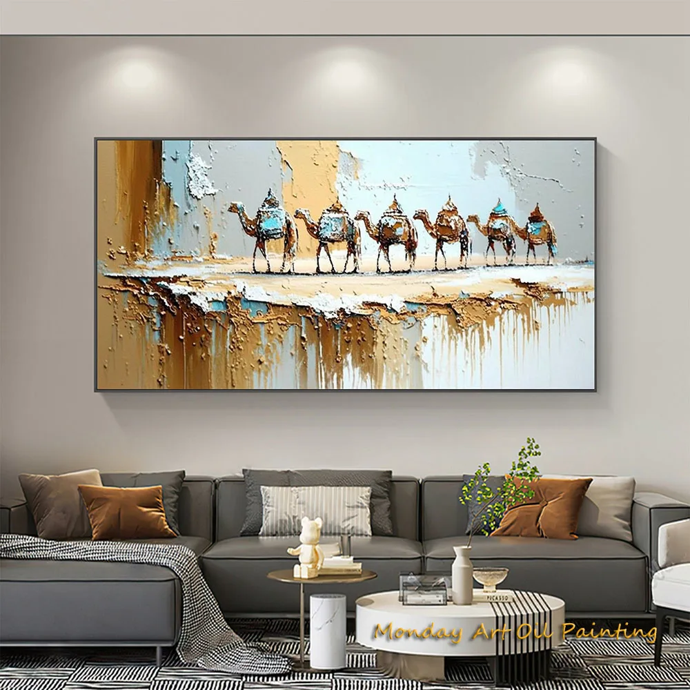 HandPainted Oil Painting Large Original Brown Desert On Canvas Abstract Camel Caravan Living Room Wall Decor Fedex Shipping Cost