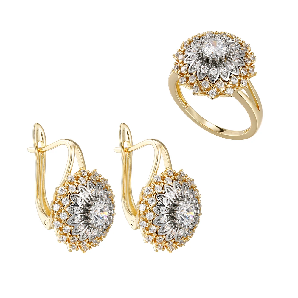 Two-color Snowflake Design Zircon Earring Ring Set
