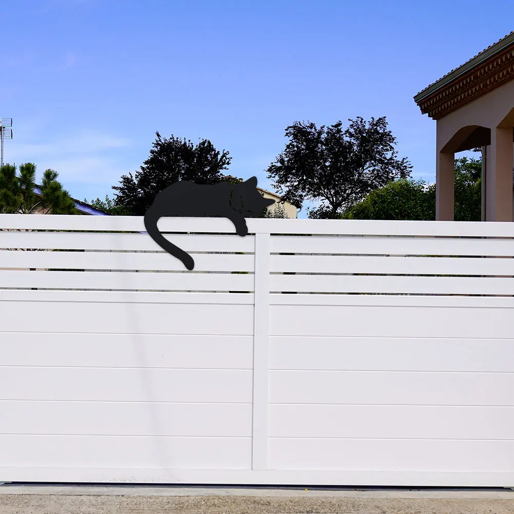 Rustic Black Metal Cat Silhouette Fence Topper - Sleeping Cat Garden Art for Outdoor Decor - Durable Iron Animal Sculpture