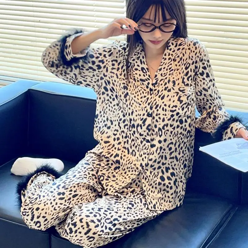 Fashion Leopard Father Patchwork Homewear Women Pajamas Suit Sexy Loungewear Autumn Spring New Nightwear Rayon Outfit Sleepwear