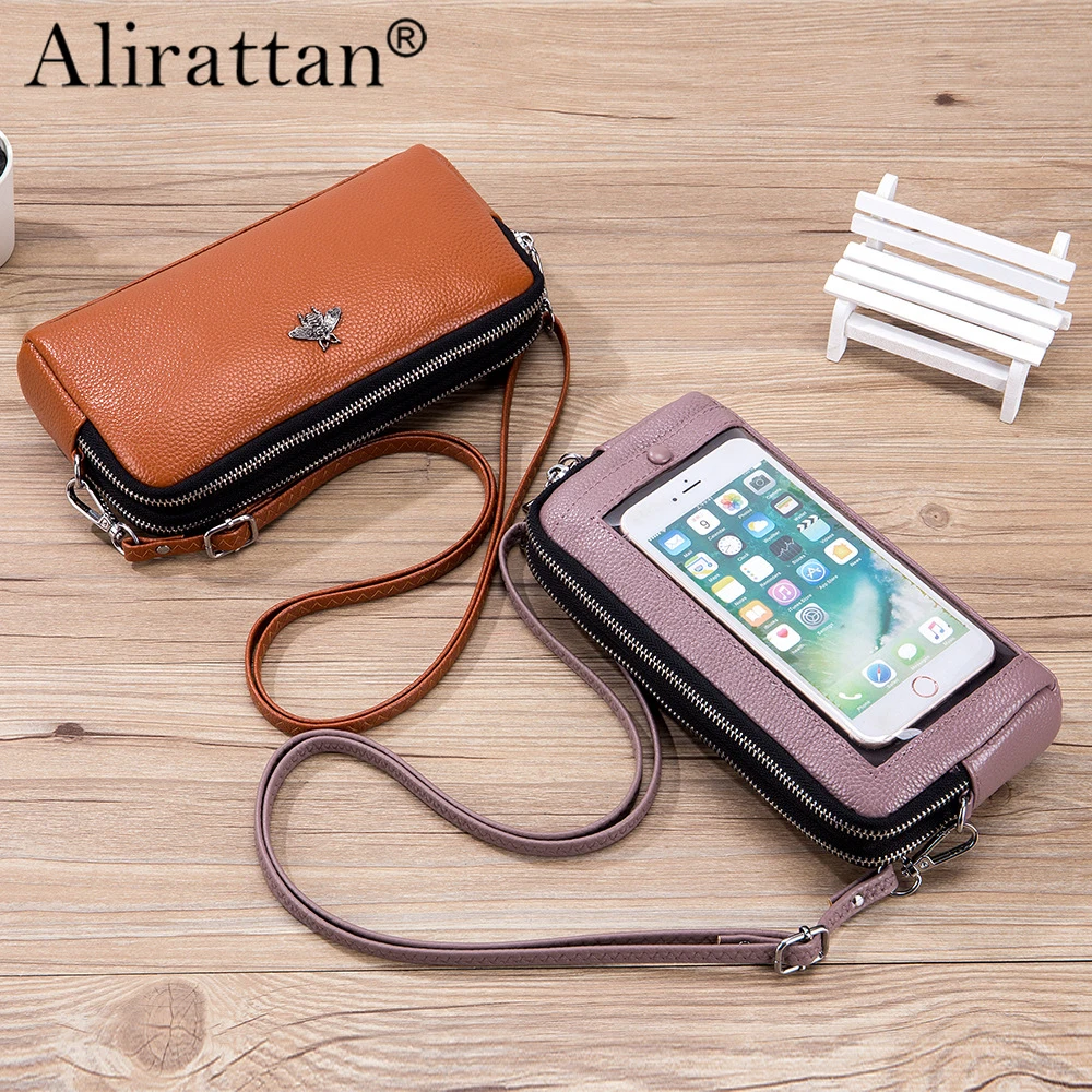 

Alirattan New Genuine Leather Fashion Shoulder Bag Touch Screen Phone Bag Small Duo Layer Multifunctional Zipper Straddle Bag