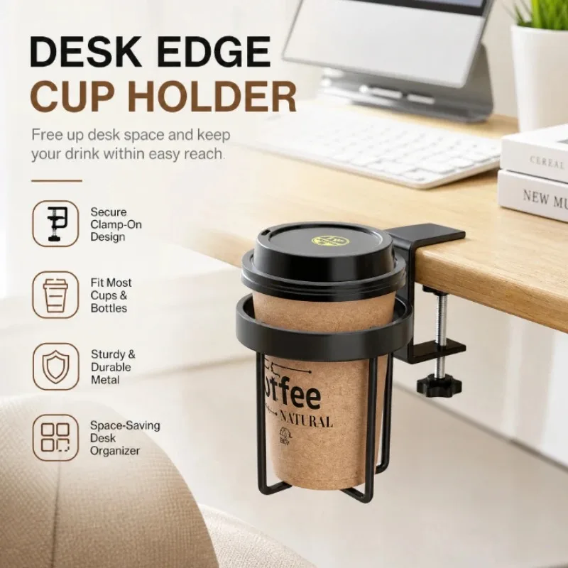 Home Clip On Table Cup Holder Vertical Horizontal Mount Anti Spill Office Desktop Mug Rack Metal Clamp Water Bottle Storage Tray