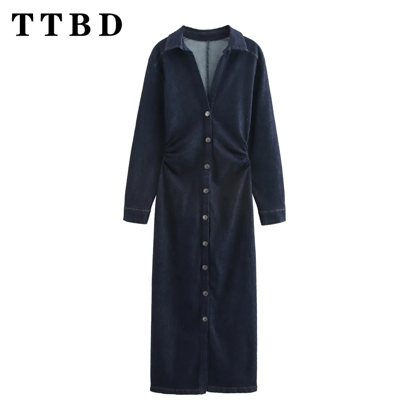 

TTBD 2024 New Summer Women's Vintage Denim Shirt Style Dress Ladies Long Sleeved Single Breasted V-neck Midi Dress Fashion