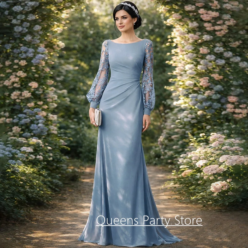 

Платья для мамы жениха на свадьбу, индивидуальный пошив, с вырезом-лодочкой, пышными рукавами, шлейфом и силуэтом русалки, платье для мамы невесты