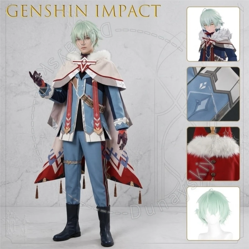 Alyosha Snezhnaya Mint Green Wig Cosplay Knight Uniform Costume Male Anime Game Genshin Impact Comic Con Halloween Role Play Cos view 2