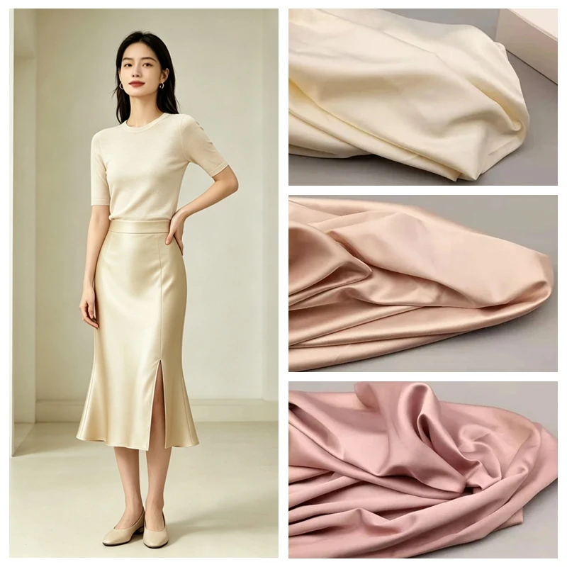 High Density Matte Micro Stretch Satin Fabric By The Meter for Sewing Clothing Shirts Dresses Diy Cloth Smooth Plain Black Soft