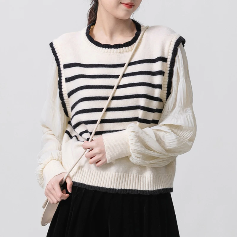 Y2k Striped Women Sweaters Knitted Loose Patchwork Female Casual Pullovers Preppy Style Autumn Chic Puff Sleeve Ladies Tops