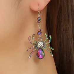 Halloween Colorful Spider Earrings For Women Shiny Crystal Inlaid Zircon Punk Insect Water Drop Earring Festival Party Jewelry