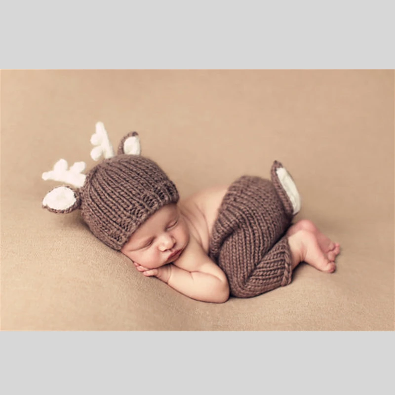 Knitting Baby Pants with Bonnet set, Newborn Christmas Reindeer Hat,baby Crochet Beanies - Brown and White Newborn Photo prop