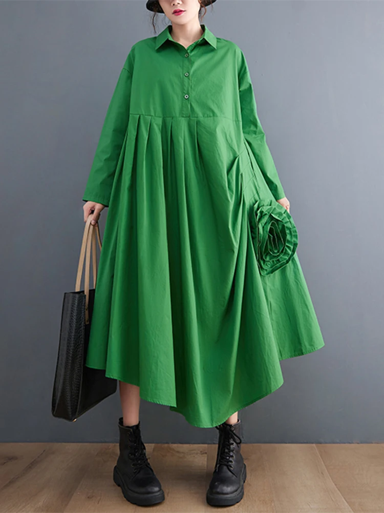 2024 Spring Autumn Green Pleated Floral Shirt Dresses For Women Long Sleeve Loose Casual Vintage Dress Fashion Elegant Clothing