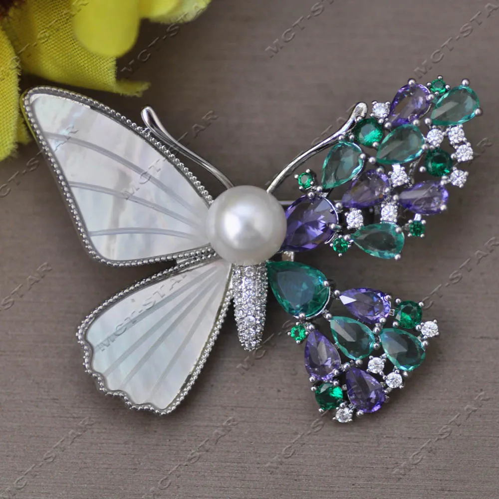 

Z14036 50mm White Round Pearl Shell Gemstone Double-sided butterfly Pendant Brooch CZ