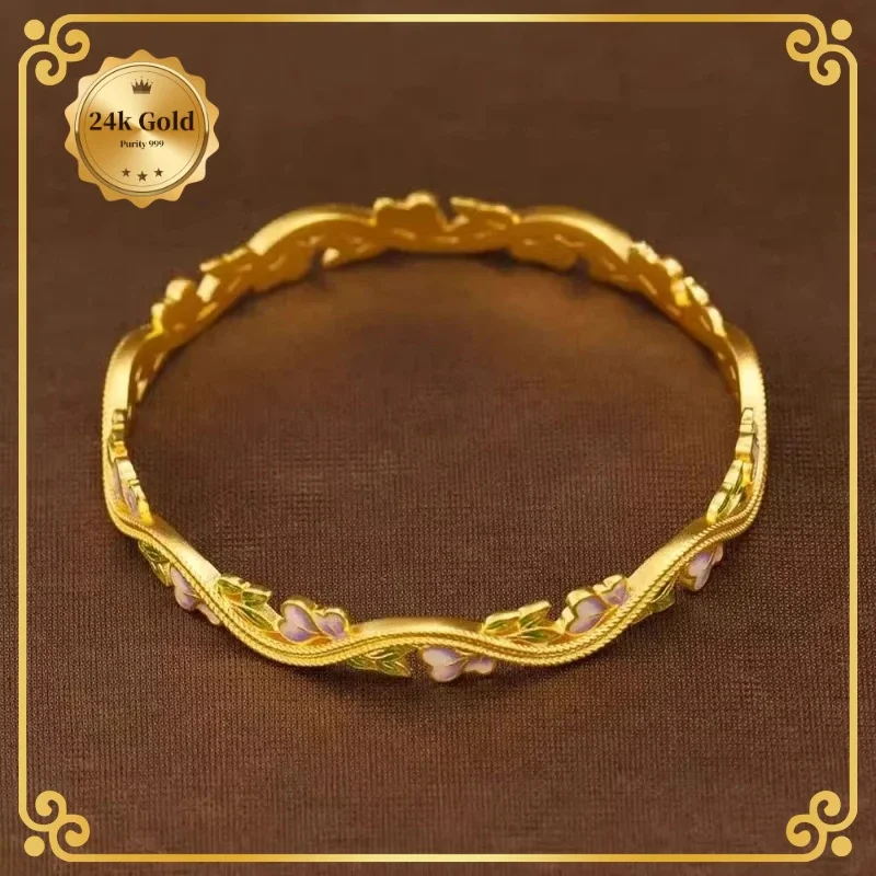 

24k 999 Yellow Gold Bracelet Enamel Wisteria Flower Ornament Luxury Women Vintage Filigree Bracelet for Women Holiday Gift