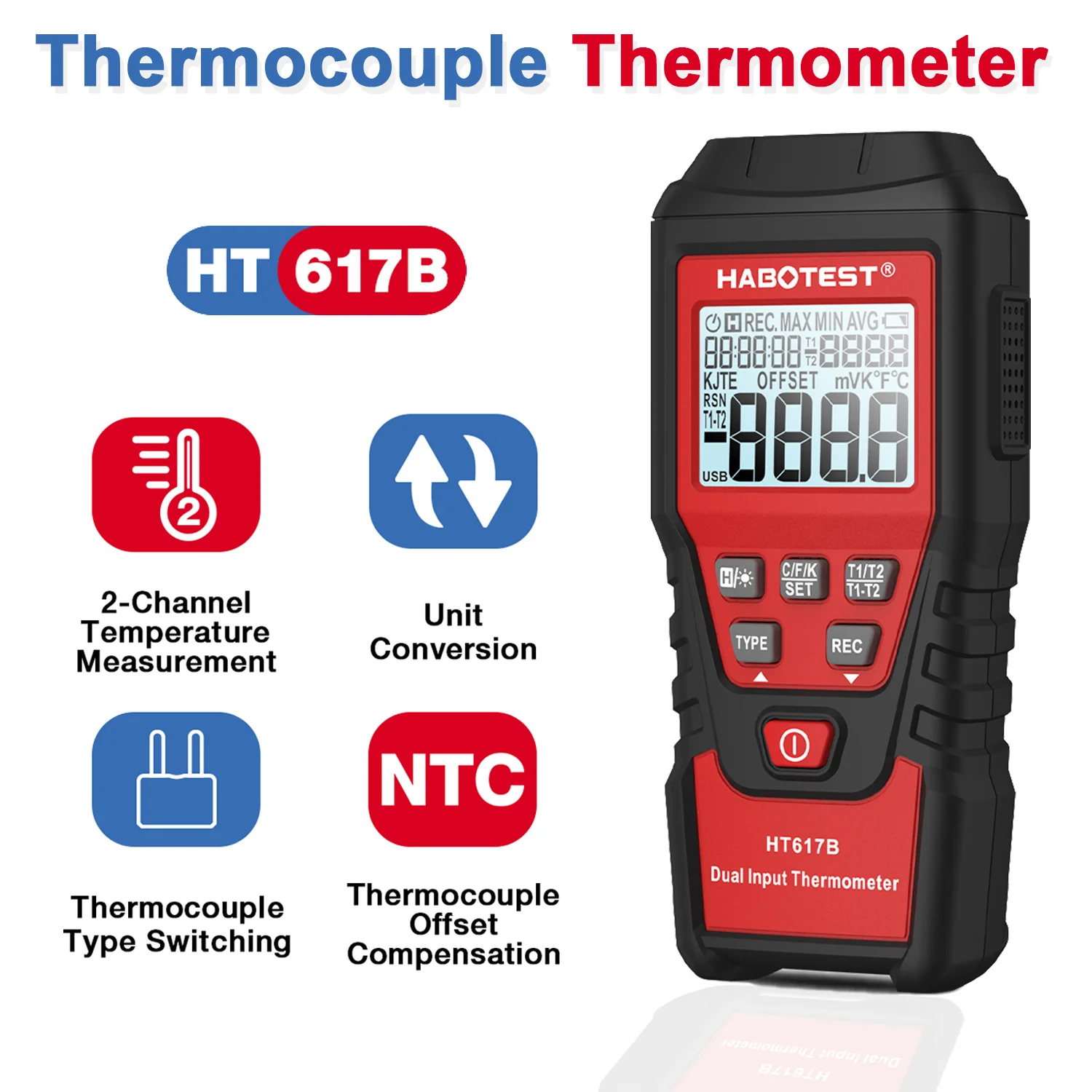 HT617B Dual Channel Thermocouple Thermometer Digital Temperature Meter for K, J, T, E, R,S,N Type Liquid Hydrogen Thermocouples