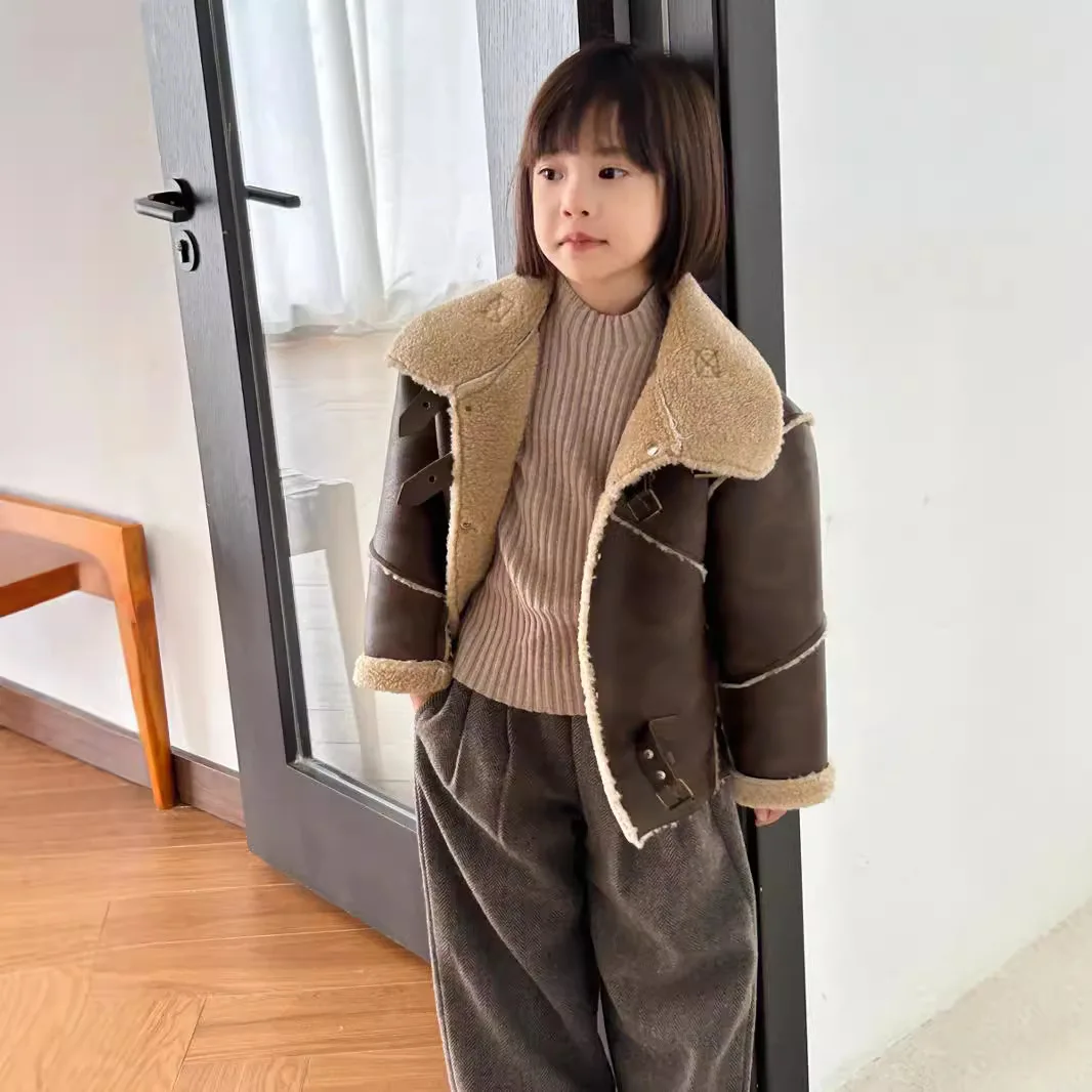 

Girls Coat 2024 Winter New Childrens Clothes Girls Baby Thickened Advanced Sense Machine Fur One Jacket Leather Coat Casual