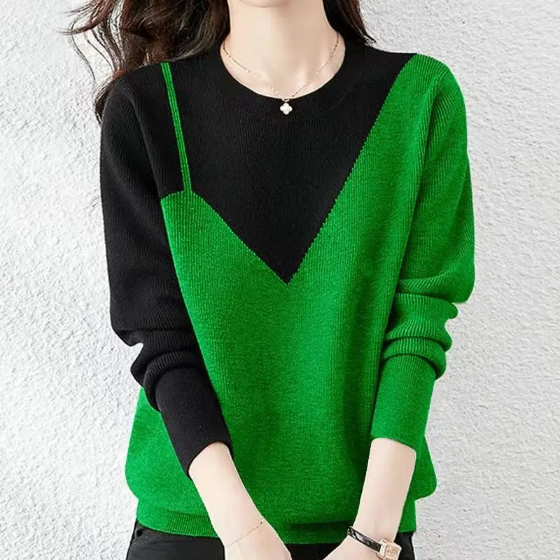 Fashion O-Neck Knitted Spliced Korean Sweater Women\'s Clothing 2022 Autumn New Oversized Casual Pullovers All-match Commute Tops