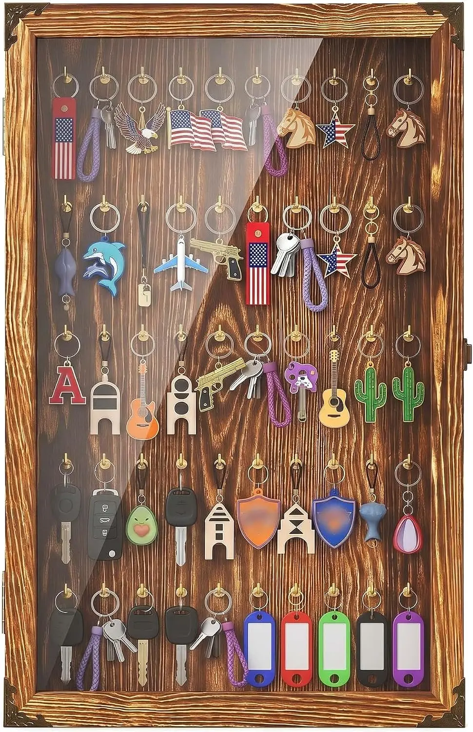 Large Wall-Mounted Keychain Display Case, 50 Hooks | Lockable Acrylic Door, Carbonized Solid Pine Wood, for Fishing Lures, Pocket Watches, Key Tags