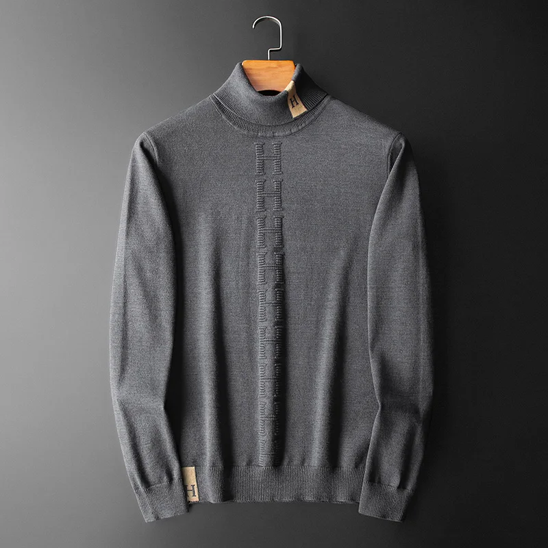 

Мужской вязаный свитер с высоким воротником, зимний, модный, утолщенный, из смесовой шерсти, с длинным рукавом, молодежный, в активном стиле, с вышивкой букв, универсальный