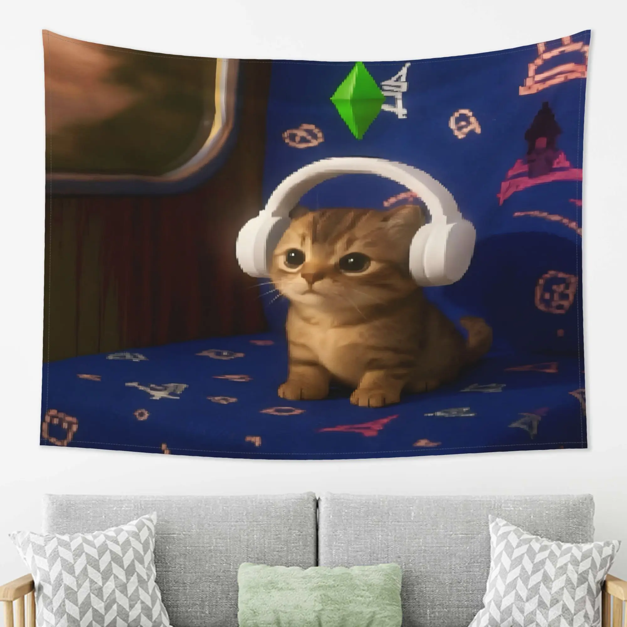 VIKAMA Healing Game Earphones Cat Tapestry Pixel Wind Simulated Life Elements Anime Style Kawaii Decor Cute Cartoon