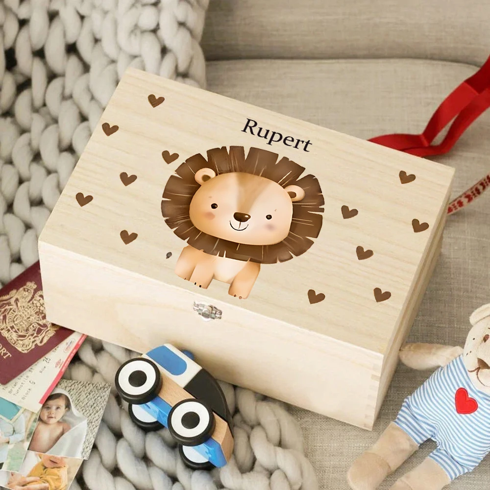 Personalized Baby Gift Keepsake Box Custom Memories Boxes Leo Print Wooden Kids Memory Case Custom Child Birthday Shower Gift
