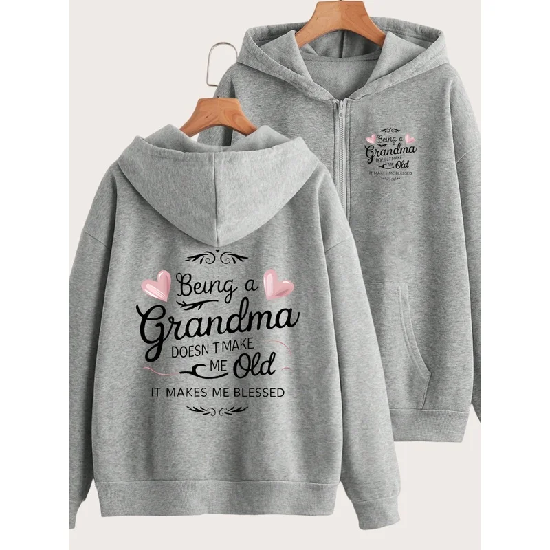 Women Zip Up Hoodie Being a Grandma Doesn't Make Me Old Heart Text Print Long Sleeve Oversized Heather Gray Hooded Jacket Casual
