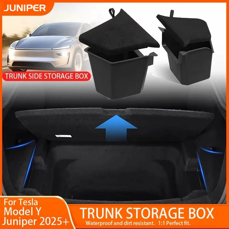 

For Tesla Model Y Juniper 2025 Rear Trunk Side Storage Box Cargo Organizer TPE Bin Box Flocking Mat Partition Board Accessories