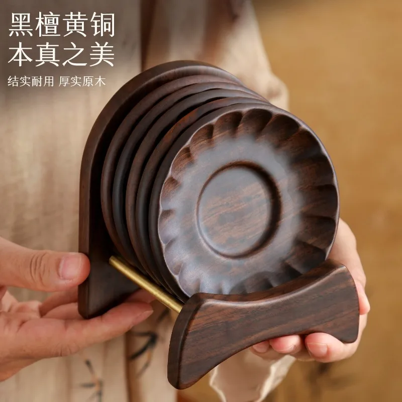 Premium Ebony Wood and Brass Cup Coaster, Heat Insulation Mat, Tea Cup Holder, Gongfu Tea Accessory