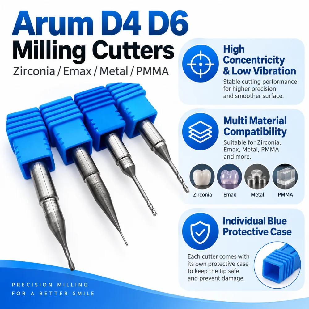 1PC Arum Dental Milling Bur For Zirconia/Emax/Metal/PMMA D4/D6 Diamond Coating CAD Arum CAM System Grinding Drills