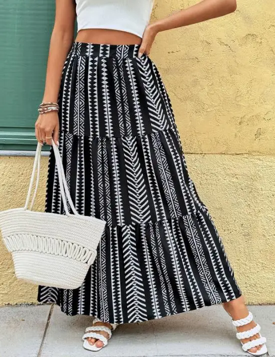 

Summer New Fashionable Casual Ethnic Style Printed High Waist Slim Fit A-Line Women's Skirt Suitable for Beach Vacation