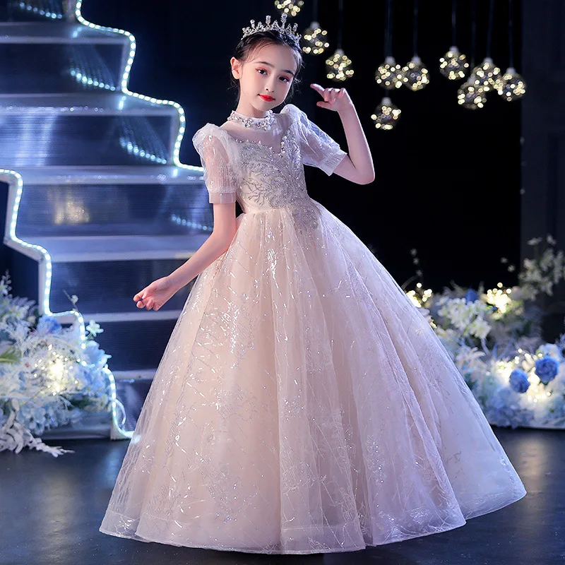 Prinzessin Kinder Kleider für Mädchen Spitze Blume Perlen Ballkleid Baby Mädchen Kleidung Kinder brautjungfer Hochzeit Party lange Kleid