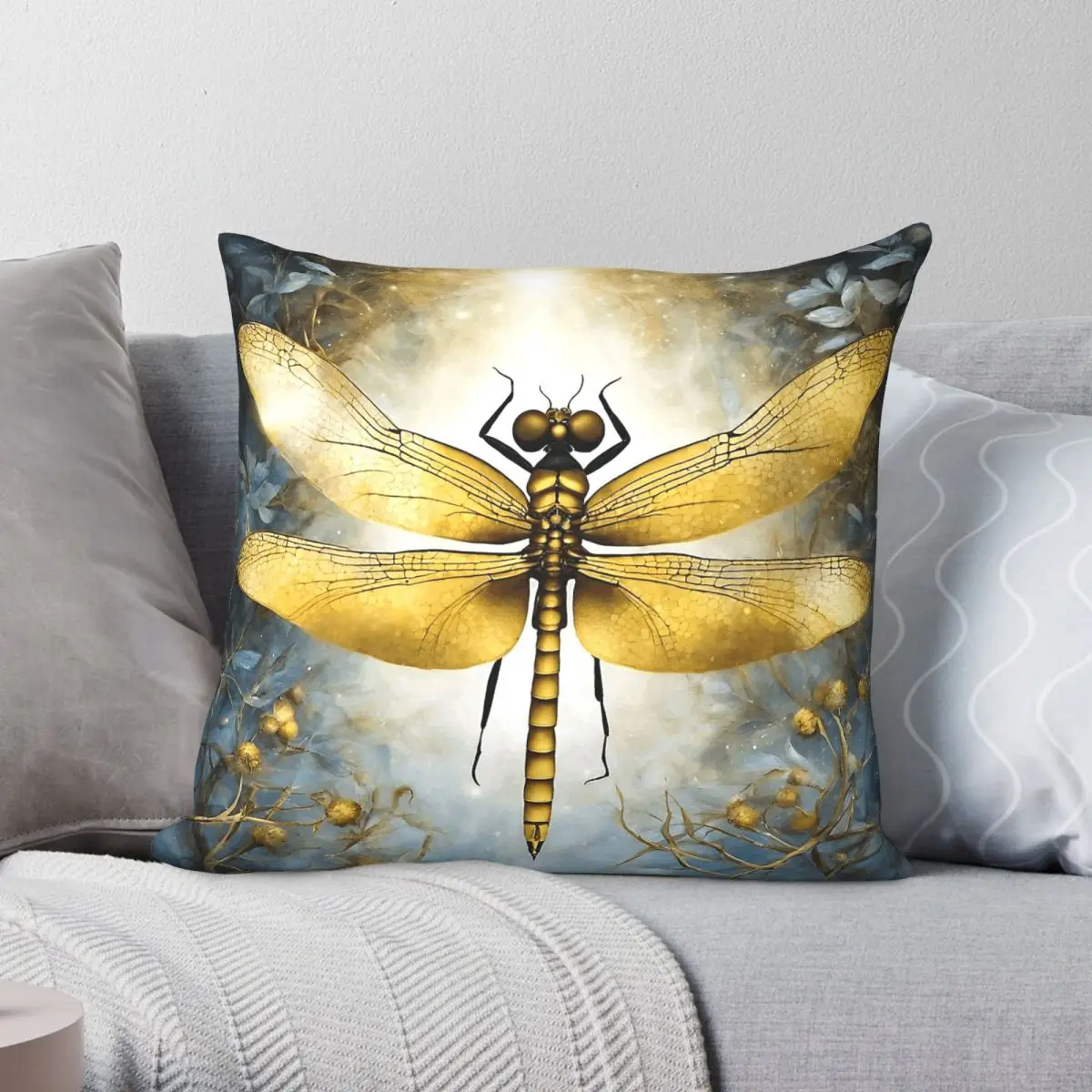 Magical Golden Dragonfly Square Pillowcase Polyester Linen Velvet Printed Zip Decor Throw Pillow Case Sofa Cushion Cover