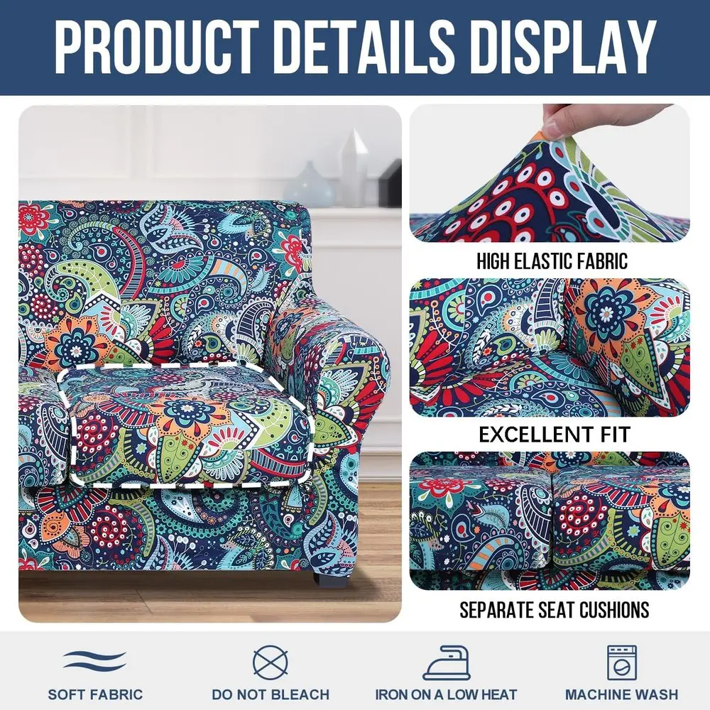 Sarung Sofa Motif Paisley Floral, Set 4 Buah, Dapat Dicuci untuk Sofa 3 Dudukan, Pelindung Furnitur Ramah Hewan Peliharaan