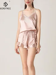 Birdtree, 19MM 100% Real Silk Pajamas Sets, Women Ruffles Fashion Elegant, Satin 2024 Summer New Sleepwear Pyjamas S479105QM