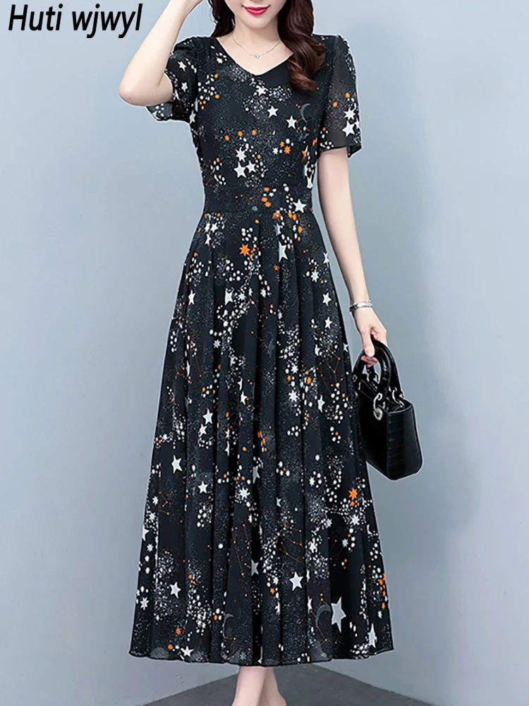 Sommer schwarz drucken Vintage V-Ausschnitt lange Robe 2024 Luxus schick Abschluss ball Party Abendkleid Frauen elegant lässig Chiffon Midi Vestidos