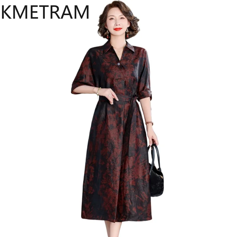 

KMETRAM 40MM 100% mulberry silk Dress Women Xiangyun Sha V-neck Long Dresses 2026 Woman Clothes High-end Summer Frocks 원피스