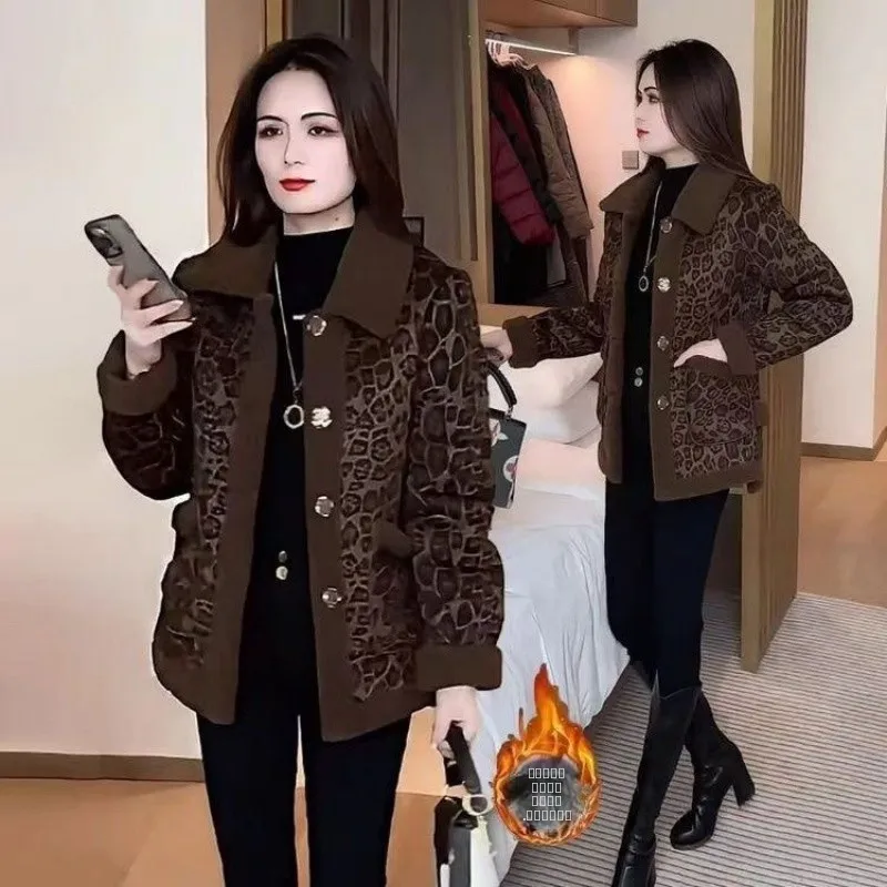 

Утепленное женское пальто с леопардовым принтом, повседневное, теплое, с длинными рукавами, воротником и застежкой на пуговицах