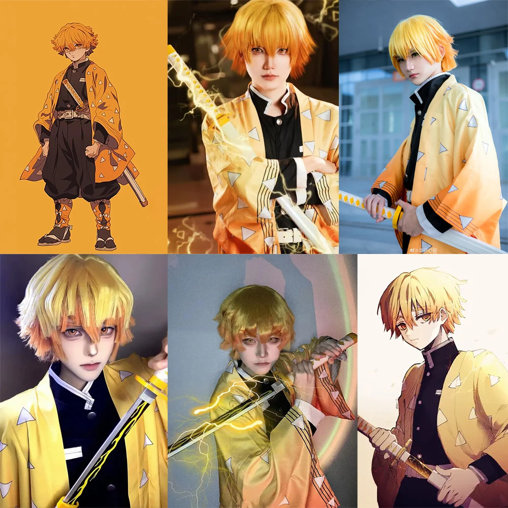 Rambut Komposit Cosplay Anime Demon Slayer: Zenitsu Agatsuma, Rambut Pendek Gradasi Oranye Tidak Beraturan, Wig Kulit Kepala Realistis untuk Pesta dan Kegunaan Sehari-hari