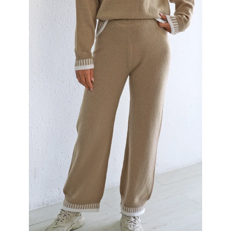 سراويل نسائية سميكة للخريف والشتاء بألوان متباينة، سراويل صوفية منسوجة واسعة الساق غير رسمية #5