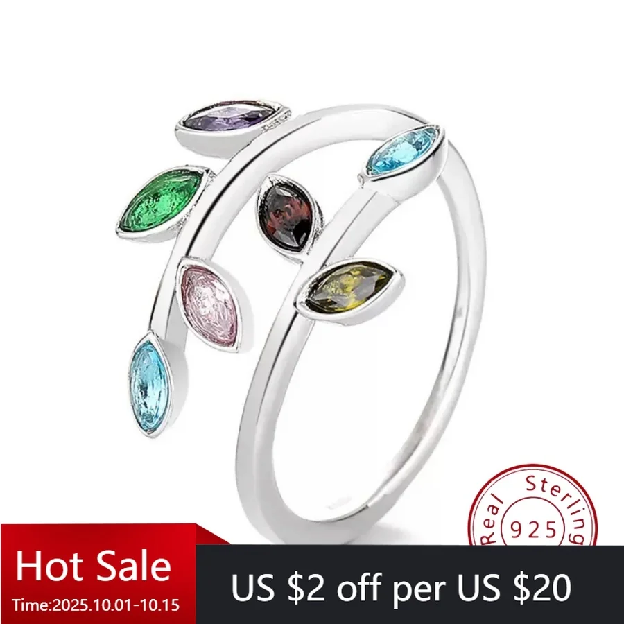 

Кольцо из стерлингового серебра 925 пробы в Европе и Америке, разноцветное кольцо в форме листа, роскошный дизайн с цветным цирконием, открытое кольцо