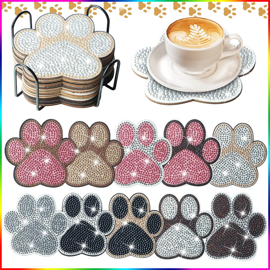 PhotoCustom 10PCS/SET DIY Diamond Painting Coaster Crystal Rhinestone Cup Mat Animal Paw Handmade Diamond Drill Point Coasters