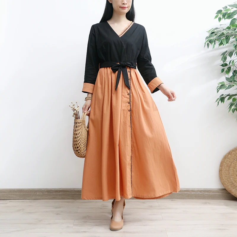 

TIYIHAILEY Free Shipping Women Long Maxi Full Sleeve Cotton And Linen Spring Autumn Dresses With Belt S-XL Orange Patchwork